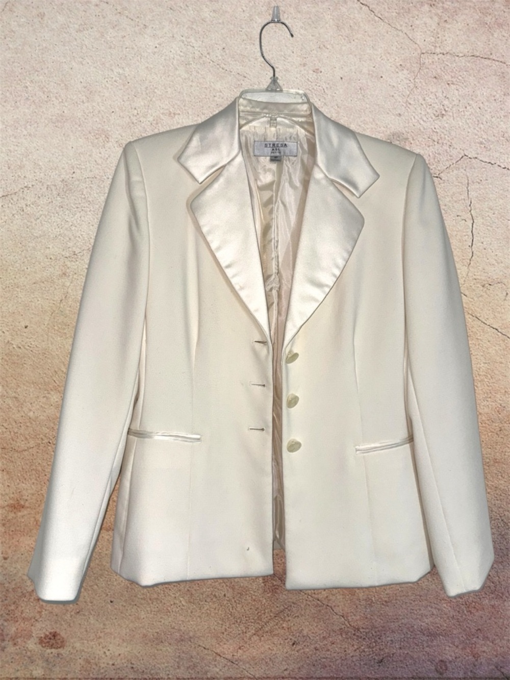 STRESA ASL Petite  Cream Satin-Trim Three Button Blazer Suit Jacket 4P